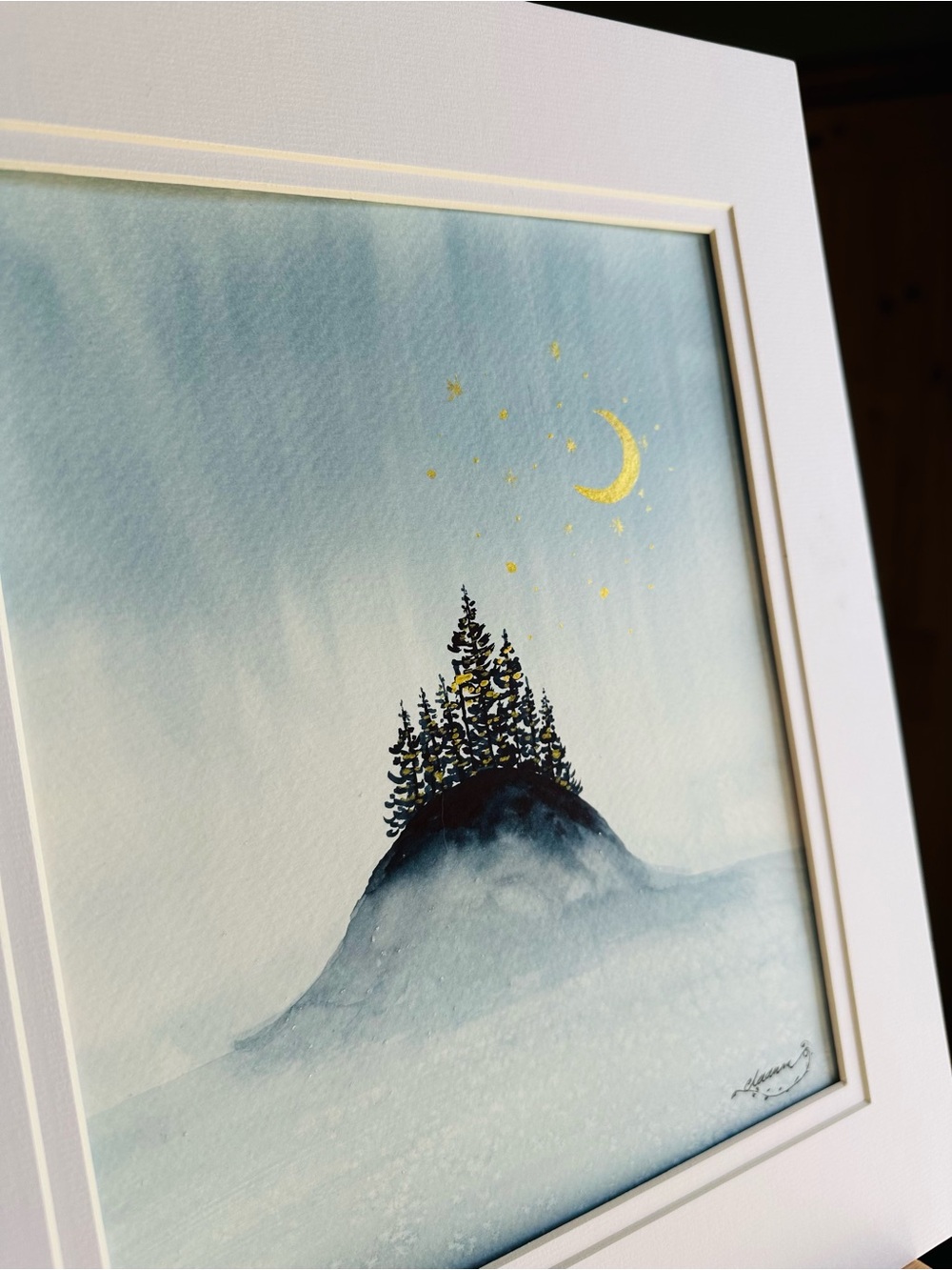 Handmade New Watercolor Painting: Moon over a Hill - Picture 4 of 6
